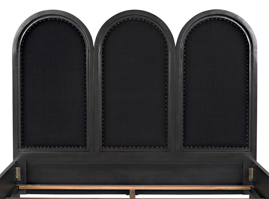 Arch Eastern King Bed in Pale Mahogany with Black Cotton Upholstery and Brass Nailhead Accents by Noir Furniture