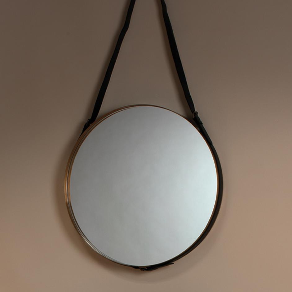 Round Steel Round Wall Mirror, Antique Brass and Black Leather Strap by Jamie Young