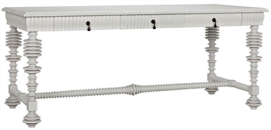 Portuguese Desk in Solid White Mahogany and Veneer with Brass Pulls by Noir Furniture