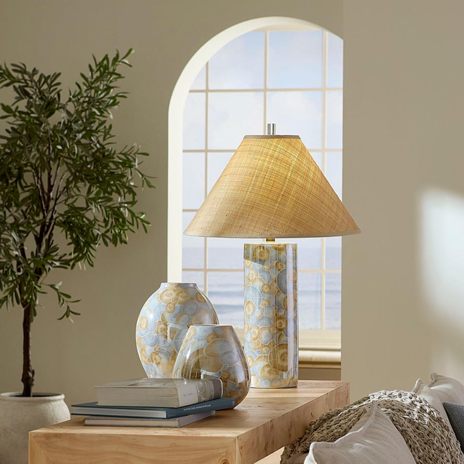 Serene Ceramic Table Lamp with Raffia Shade by Jamie Young