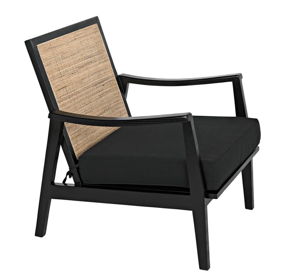 Lichtenstein Sungkai and Mindi Wood Chair with Peeled Rattan Detailing in Charcoal Black with Black Cotton Upholstery by Noir Furniture