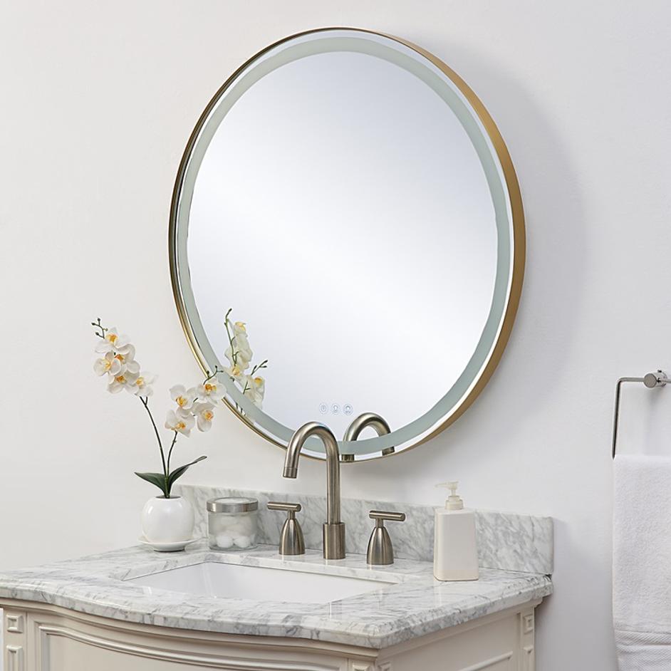Crofton Lighted Brass Round Mirror by Uttermost