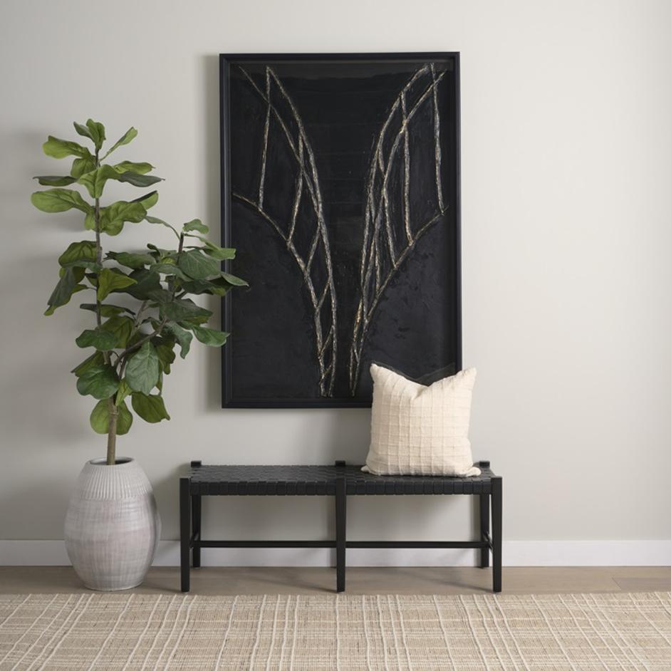 Shane Black Wood w/ Woven Black Leather Bench by Mercana