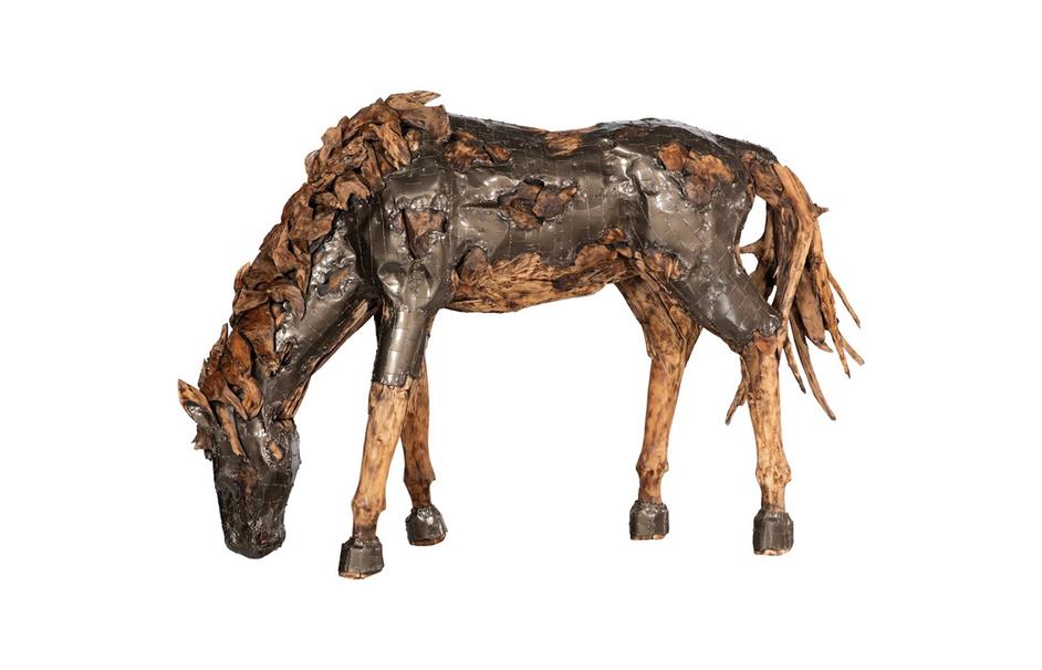 Mustang Horse Armored  Sculpture, Grazing, Natural Bronze Finish by Phillips Collection