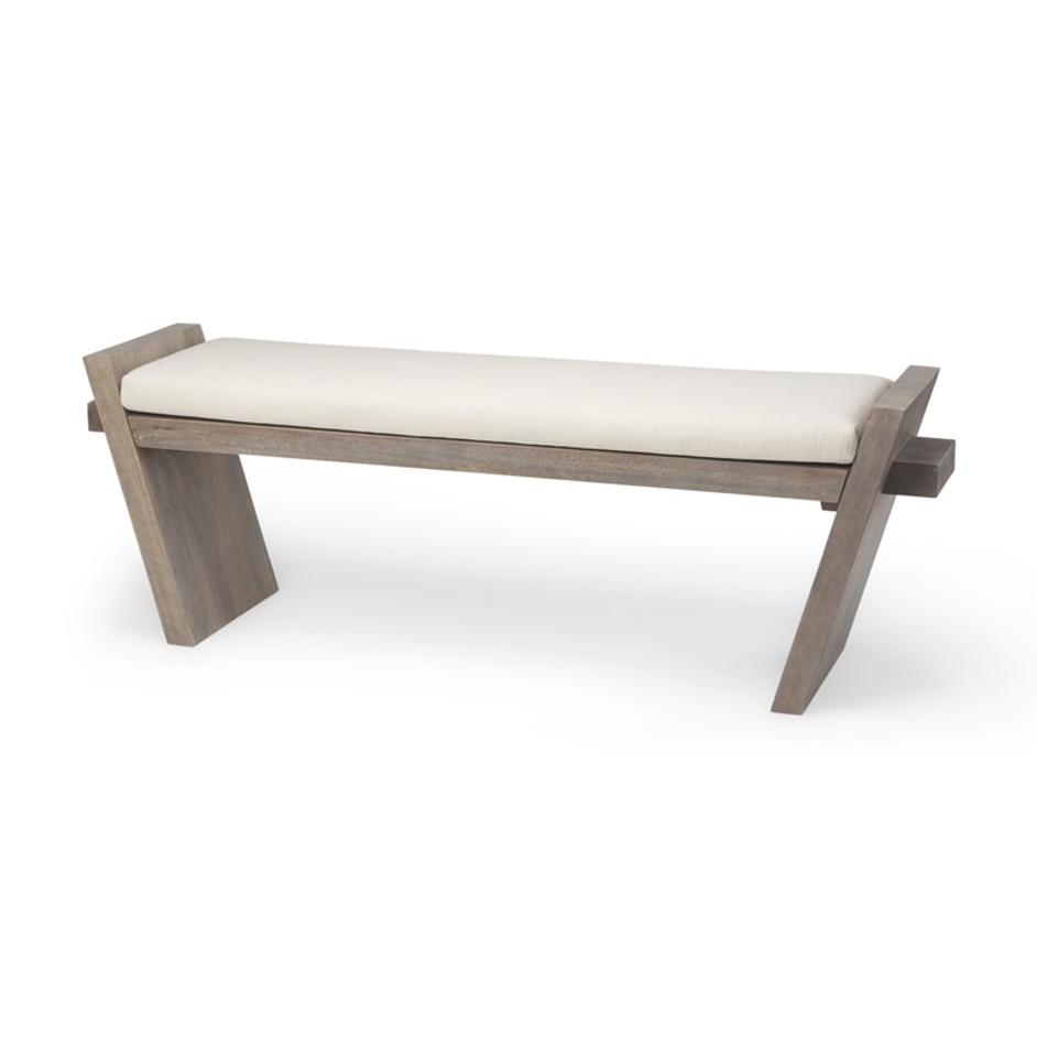 Elaine I 58L x 14.75W x 20H Brown Wood Upholstered Cream Seat Entryway Bench by Mercana