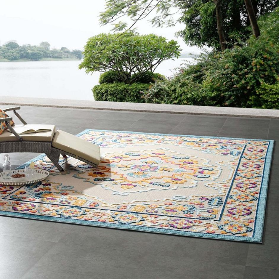 Burket Ansel Distressed Floral Persian Medallion 8X10 Indoor And Outdoor Area Rug In Multicolored by Modway Furniture