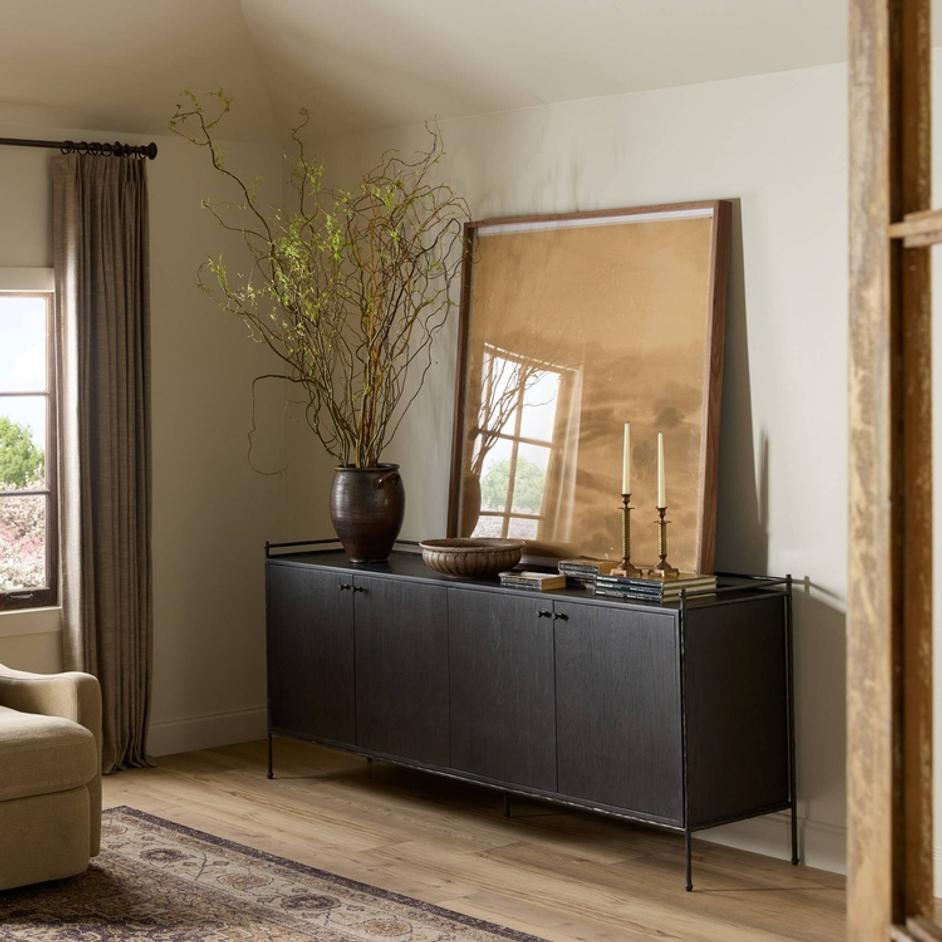 Afton Sideboard In Charcoal Oak And Charcoal Oak Veneer And Smooth Hammered Bronze by Four Hands