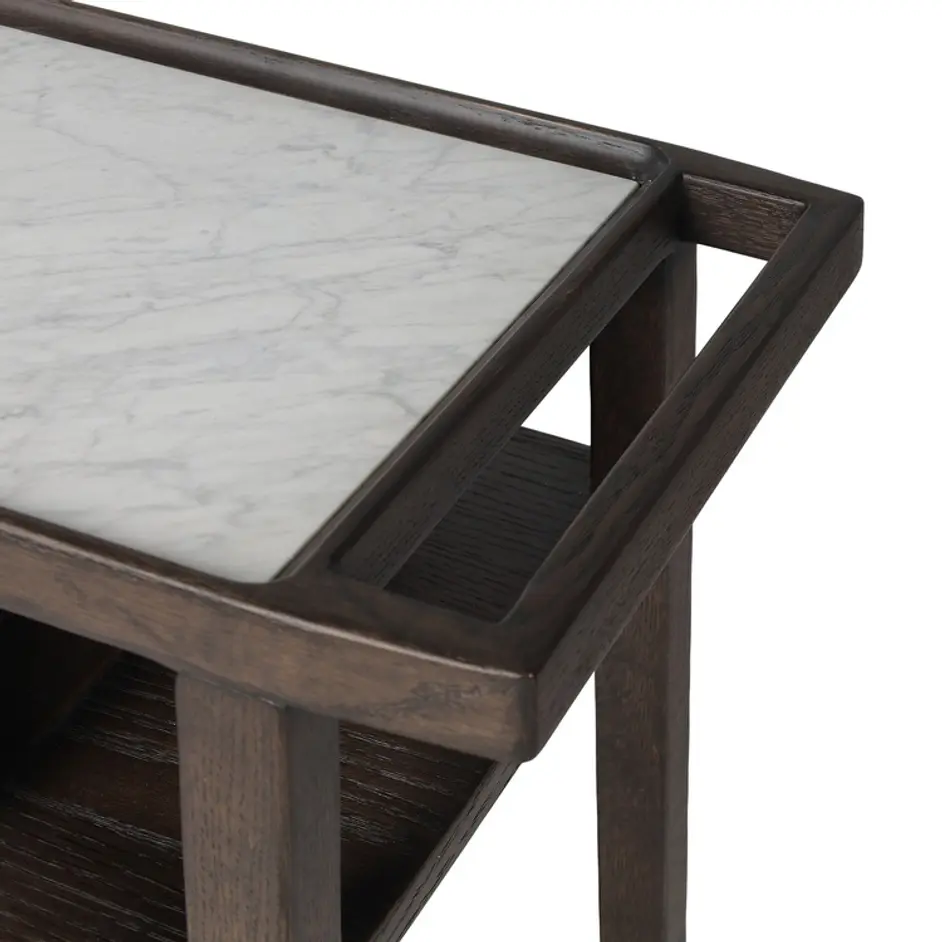 Dorrit Bar Cart In Brown Oak-Honed White Marble-Smooth Black Metal by Four Hands