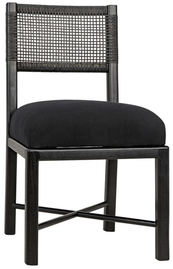Lobos Sungkai and Mindi Chair with Woven Leather Backrest in Charcoal Black with Black Cotton Upholstery by Noir Furniture