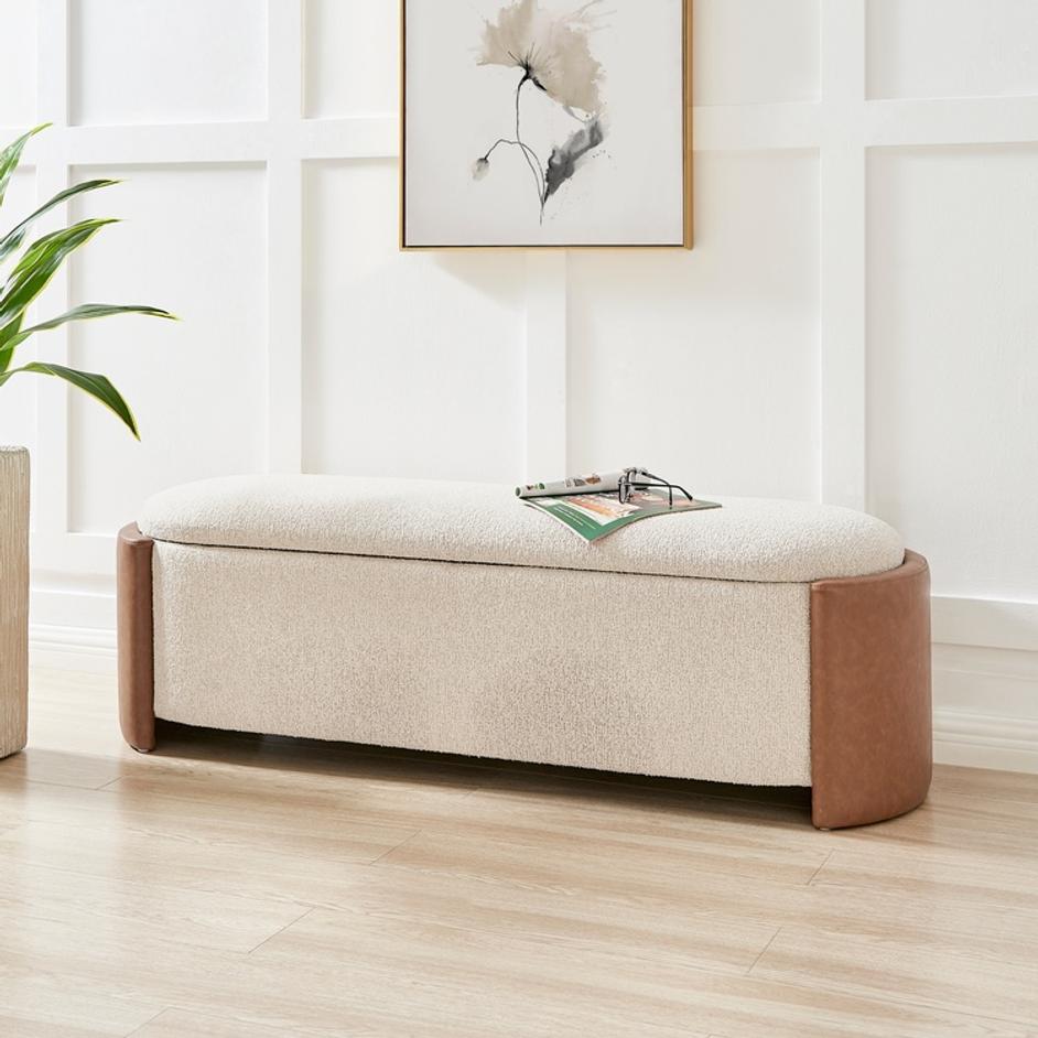 Alyssa Boucle/Faux Leather Storage Bench, Palladian Beige/Vintage Cider by New Pacific Direct