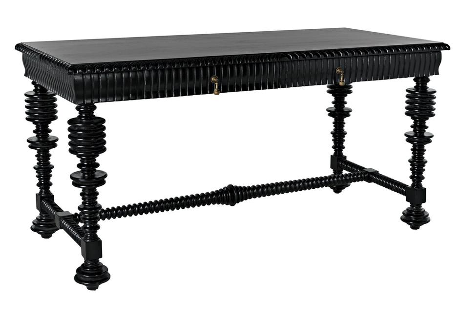 Portuguese Small Desk in Hand-Rubbed Black Mahogany with Brass Pulls by Noir Furniture