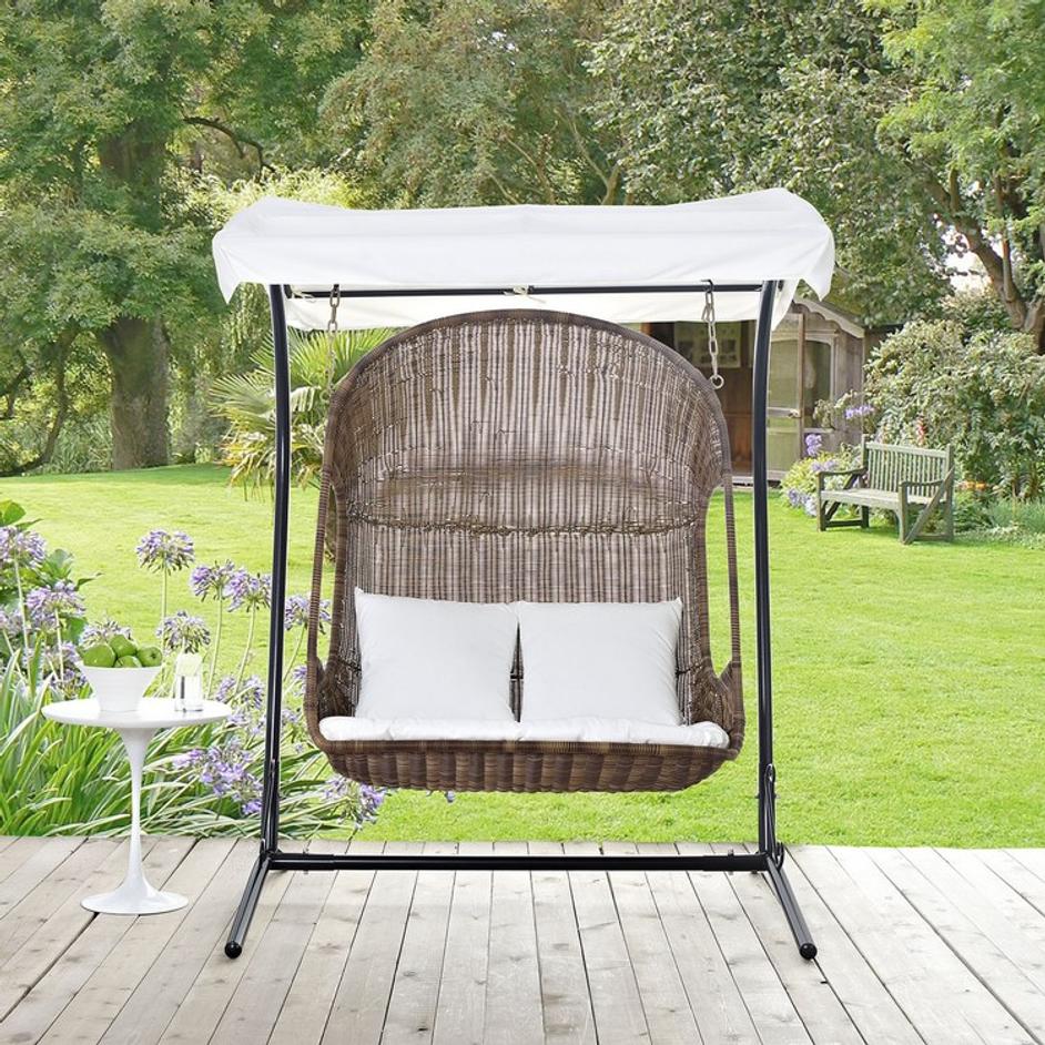 Reflection Outdoor Patio Swing Chair With Stand In Brown White by Modway Furniture