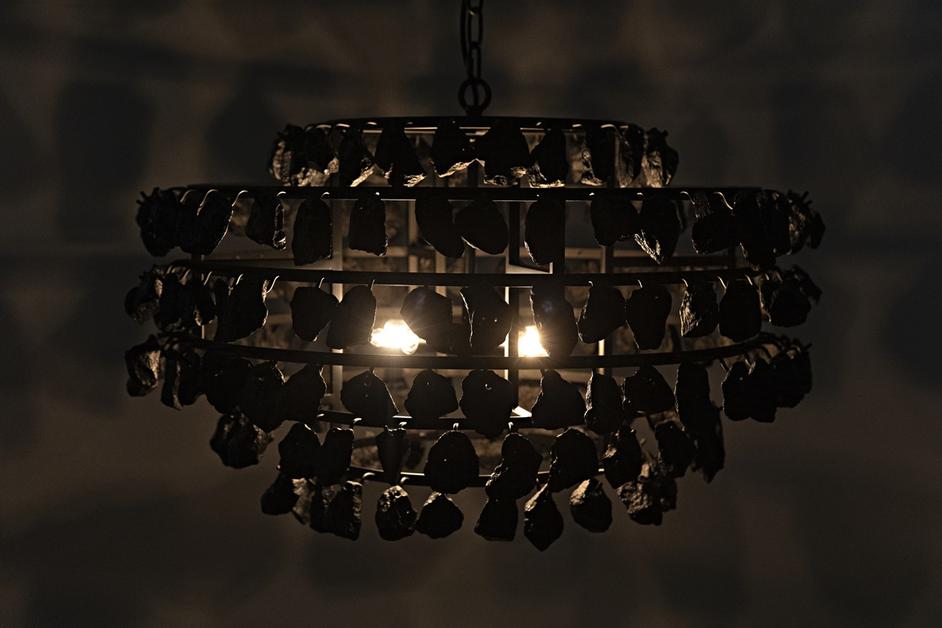 Vulcan Chandelier, Black Steel with Black Glass by Noir Furniture