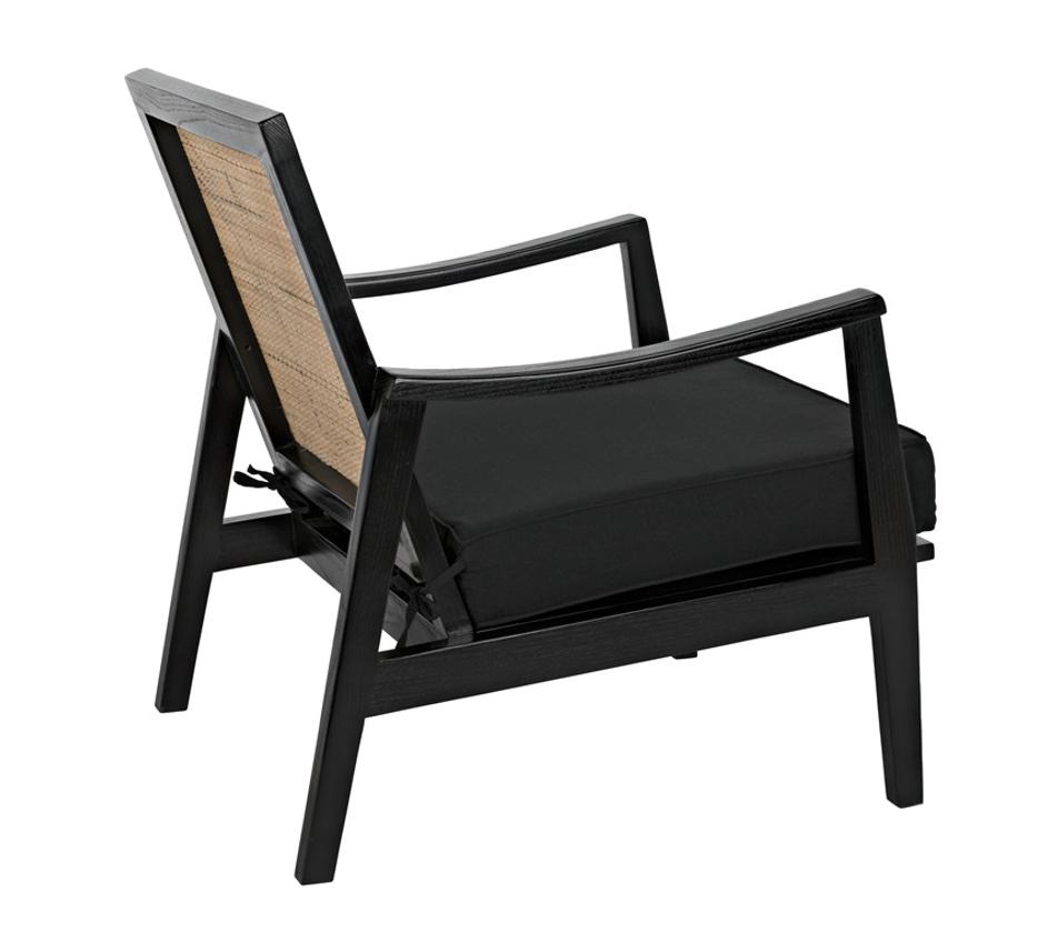 Lichtenstein Sungkai and Mindi Wood Chair with Peeled Rattan Detailing in Charcoal Black with Black Cotton Upholstery by Noir Furniture