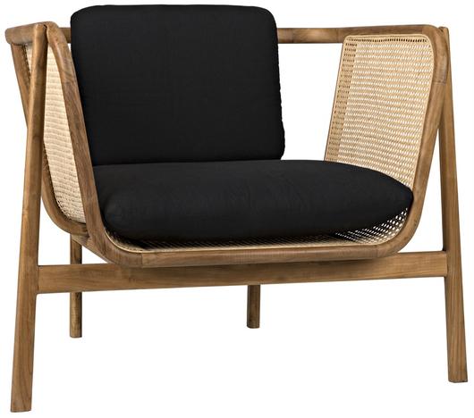 Balin Teak Chair with Black Cotton Cushion and Caning Detail in Clear Coat Flat Finish by Noir Furniture