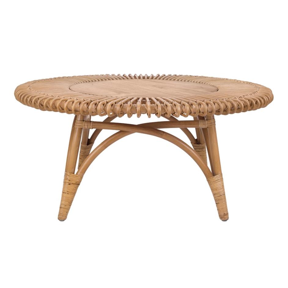 Alani Rattan Round Coffee Table w/ Wood Top, Honey by New Pacific Direct