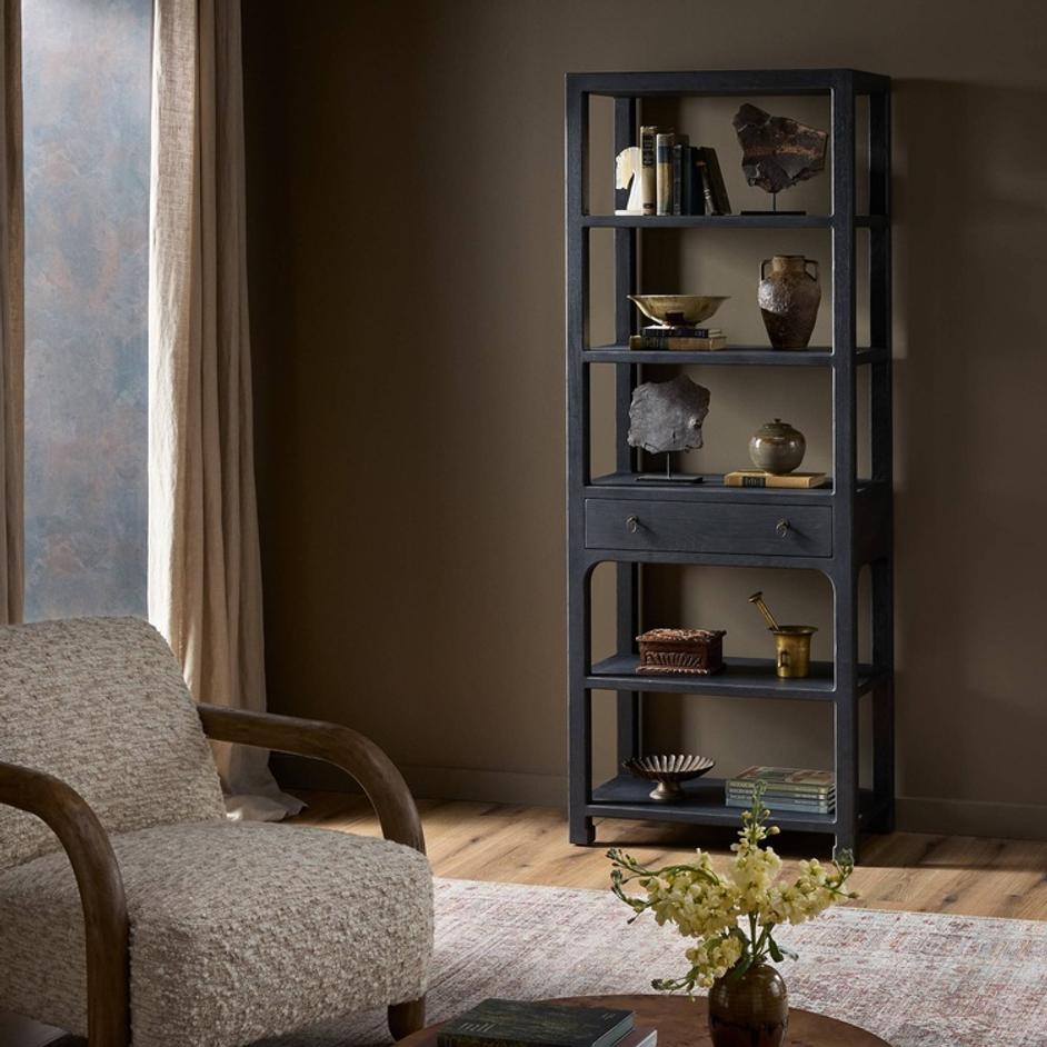 Avedon Bookcase In Aged Black Oak And Aged Black Oak Veneer And Brass Patina by Four Hands