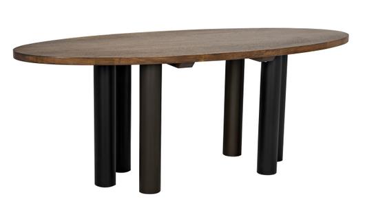 Journal Oval Dining Table, Dark Walnut with Black & Aged Brass Steel Base by Noir Furniture