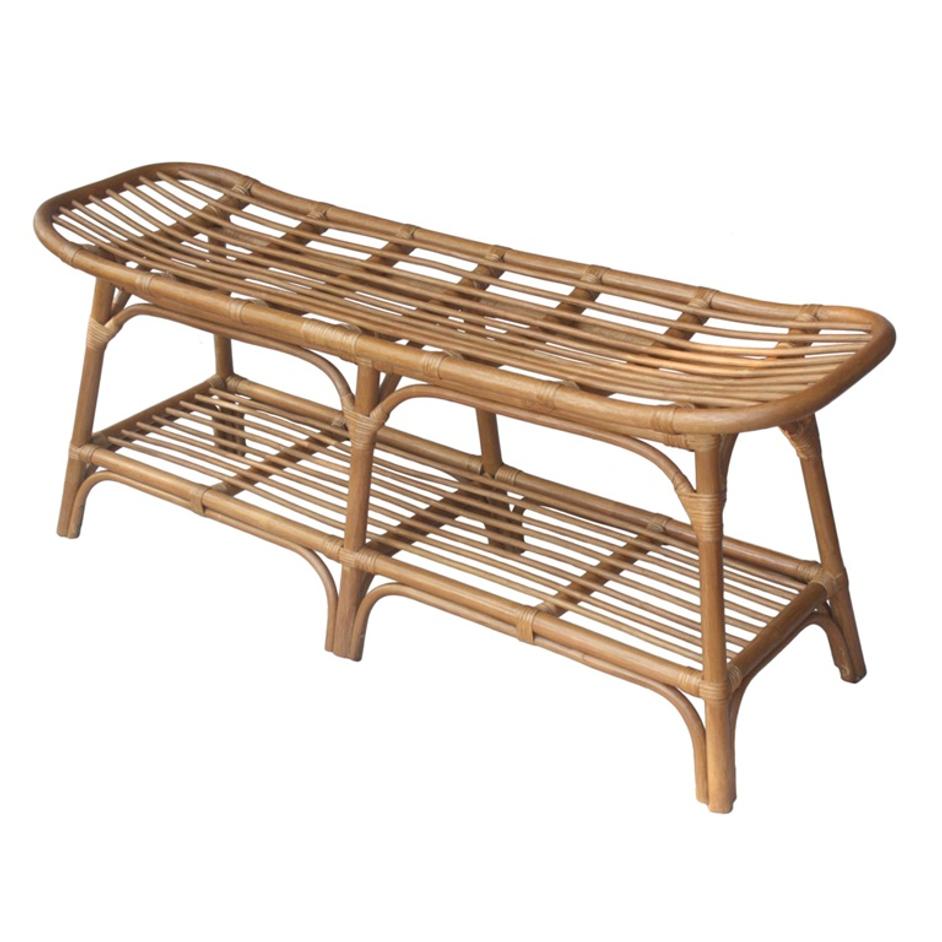 Damara Rattan Bench w/ Shelf In Canary Brown  by New Pacific Direct
