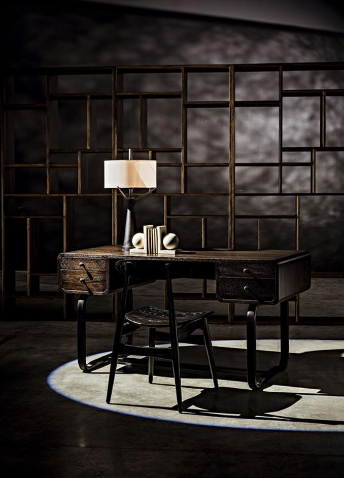 Voltes Ebony Walnut Desk with Matte Black Industrial Steel Base by Noir Furniture