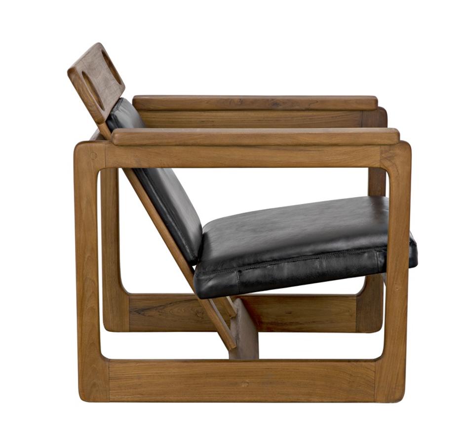 Buraco Teak Relax Chair with Gloss Finish and Black Leather Upholstery by Noir Furniture
