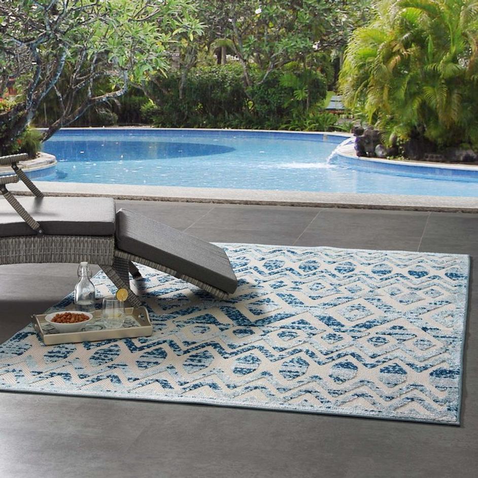 Burket Tamako Diamond And Chevron Moroccan Trellis 5X8 Indoor / Outdoor Area Rug In Ivory And Blue by Modway Furniture