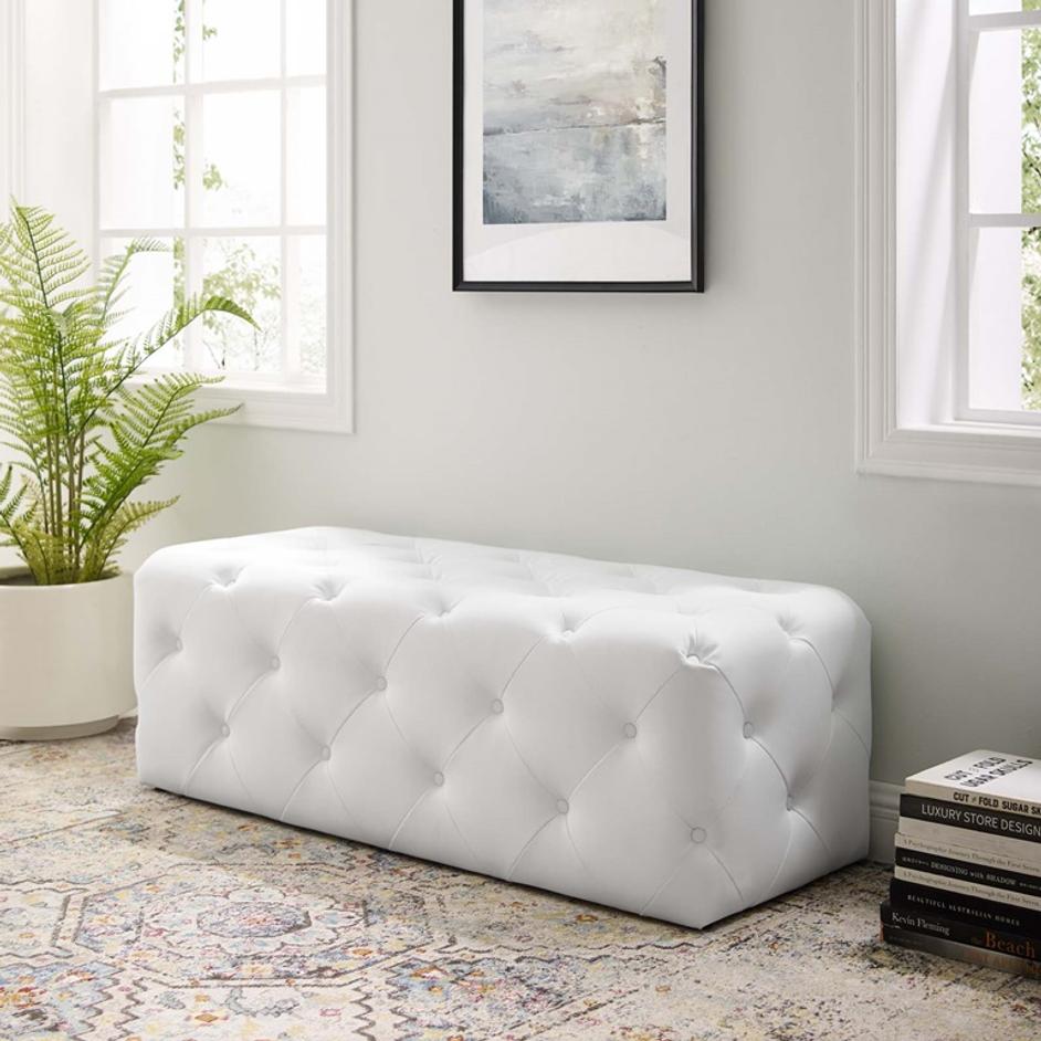 Carole 48" Tufted Button Entryway Faux Leather Bench In White by Modway Furniture