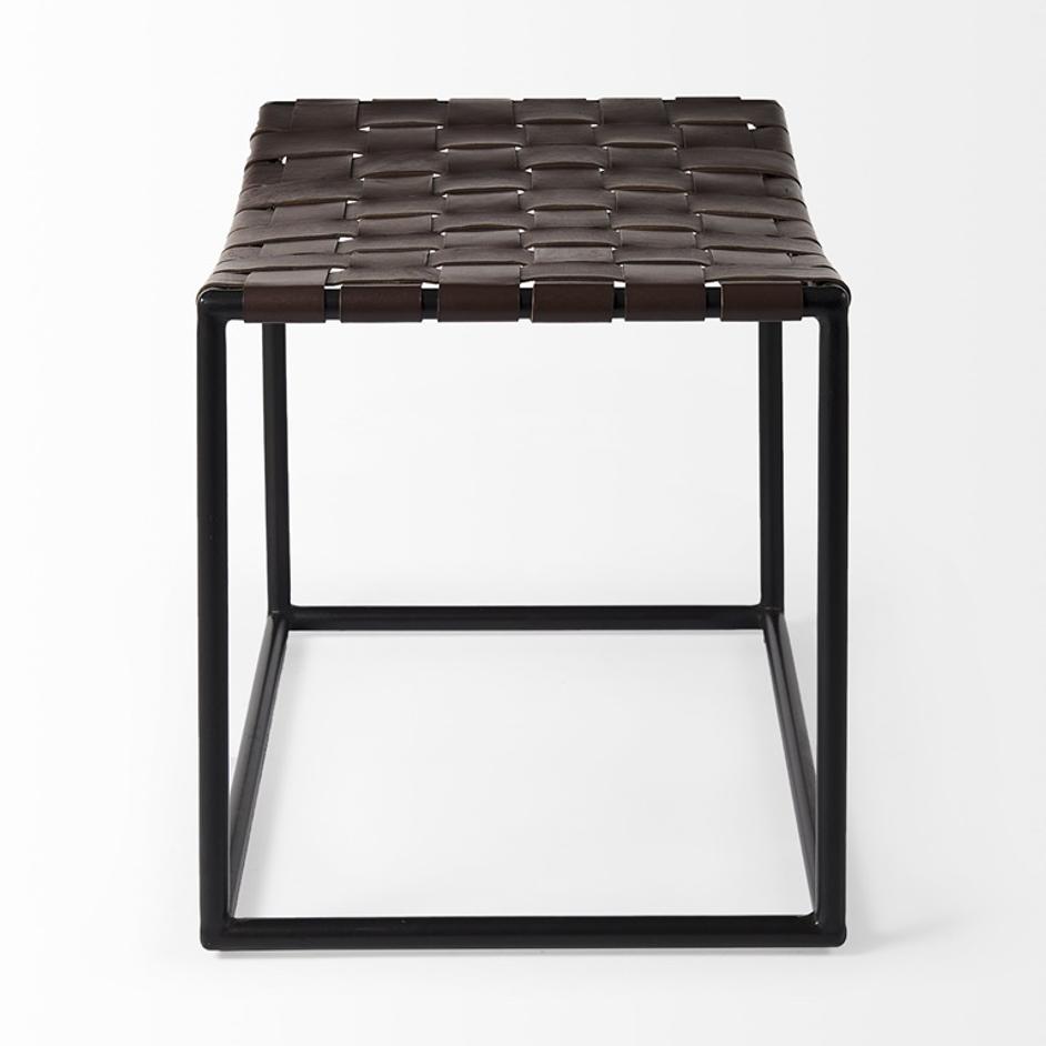 Clarissa 22.0L x 16.0W x 16.5H Brown Leather Woven Seat W/ Black Metal Frame Stool by Mercana