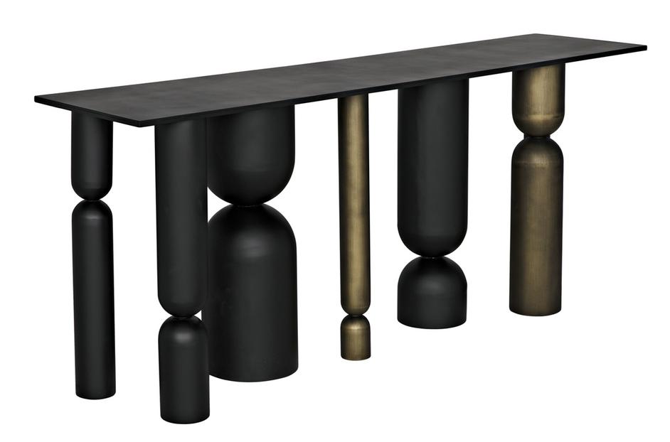 Figaro Console Table in Matte Black Industrial Steel with Aged Brass Accents by Noir Furniture