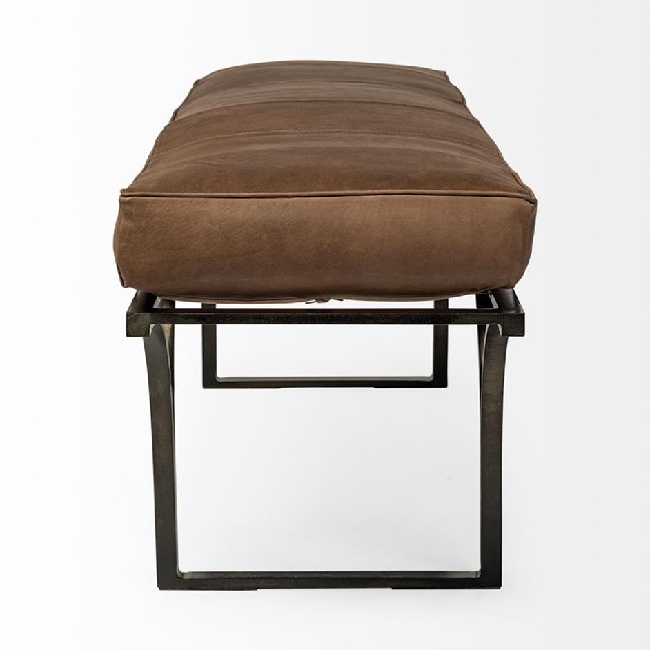 Jessie 55L x 16W Brown Leather Seat W/Black Metal Base Accent Bench by Mercana