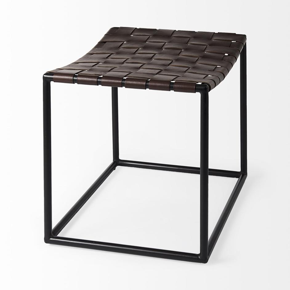 Clarissa 22.0L x 16.0W x 16.5H Brown Leather Woven Seat W/ Black Metal Frame Stool by Mercana