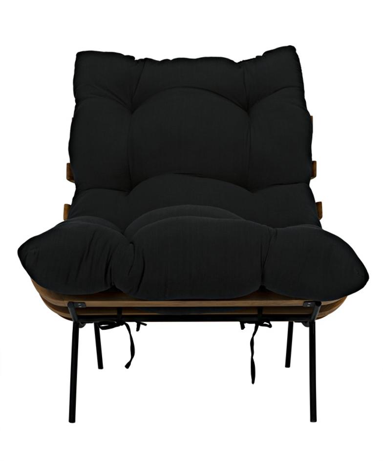 Hanzo Teak Chair with Industrial Steel Legs and Black Cotton Cushion, Satin Finish by Noir Furniture