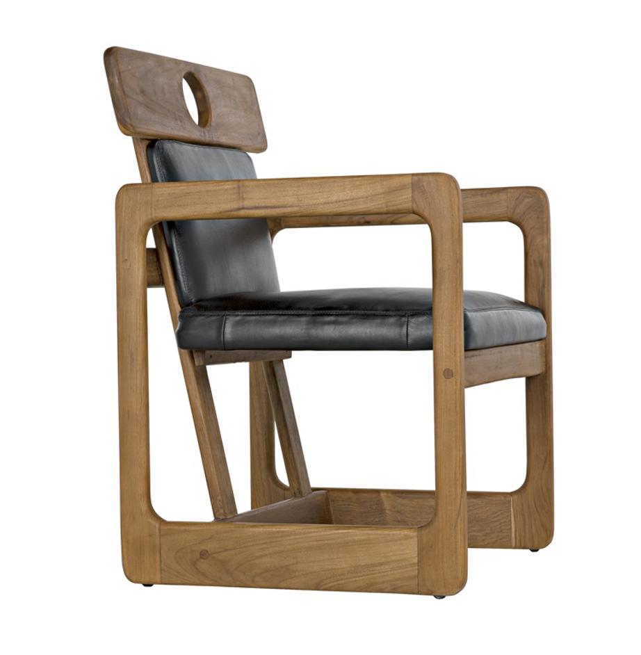 Buraco Teak Armchair with Gloss Finish and Black Leather Upholstery by Noir Furniture