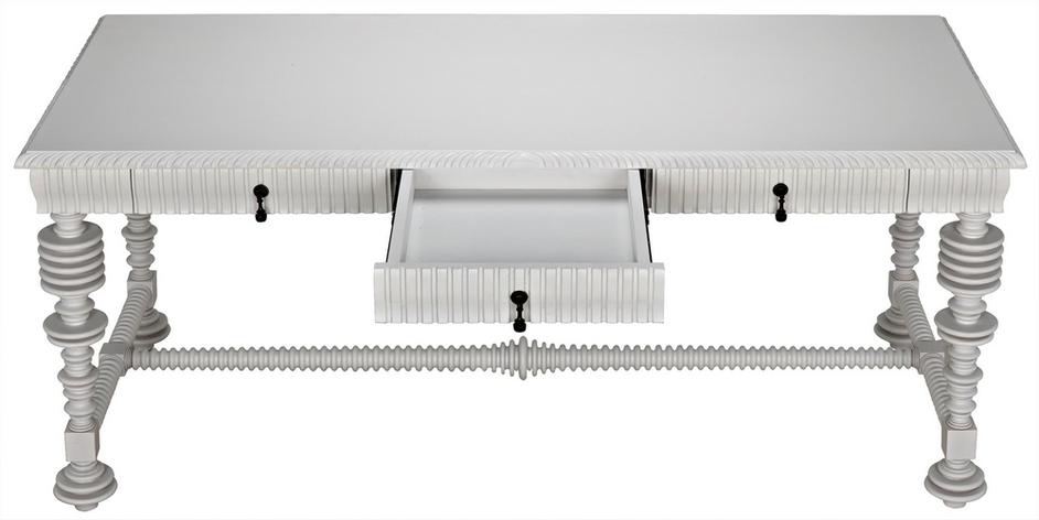 Portuguese Desk in Solid White Mahogany and Veneer with Brass Pulls by Noir Furniture