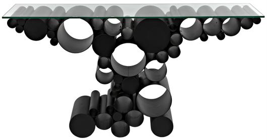 Paradox Console Table in Matte Black Industrial Steel with Glass Top by Noir Furniture