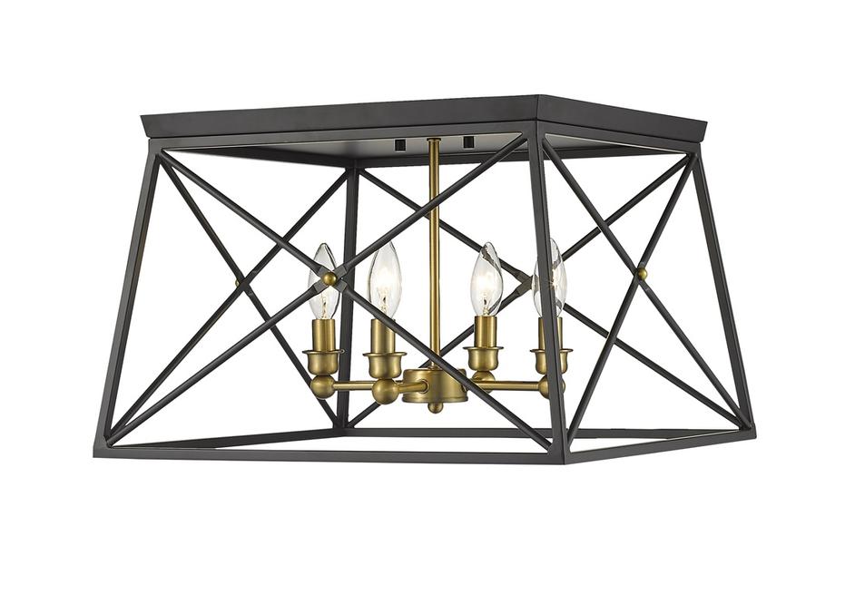 Trestle 4 Light Flush Mount in Matte Black + Olde Brass Finish by Z-Lite