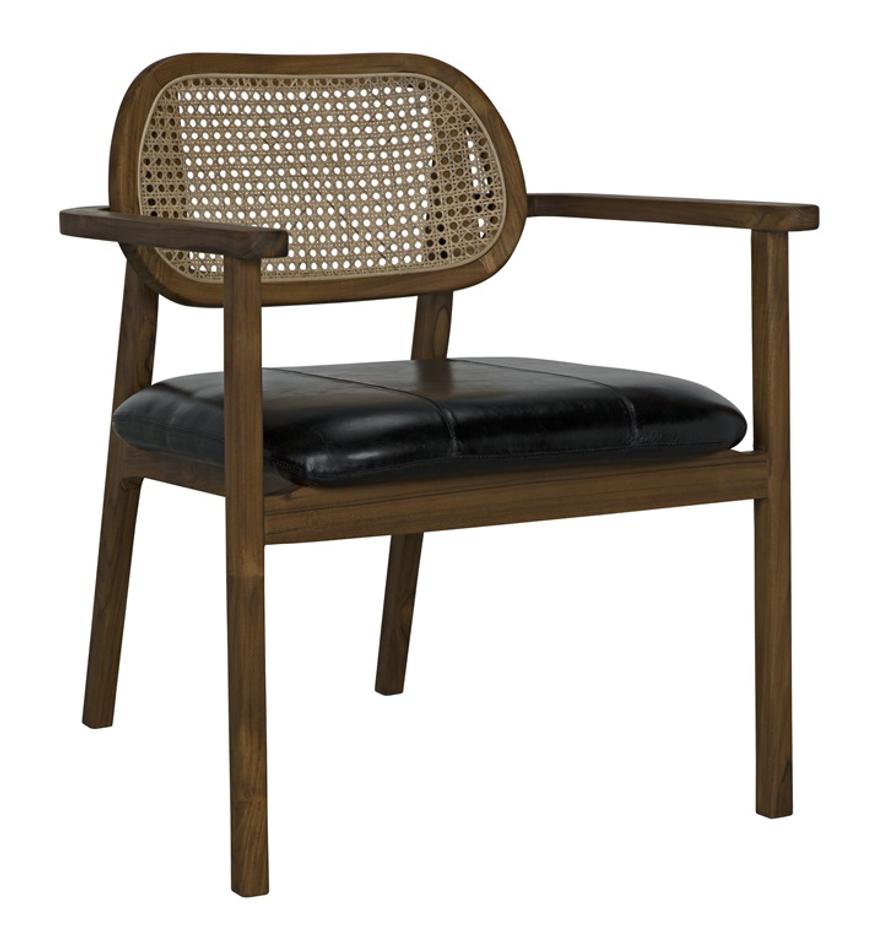 Tolka Teak Chair with Black Leather and Caning, Clear Coat Flat Finish by Noir Furniture