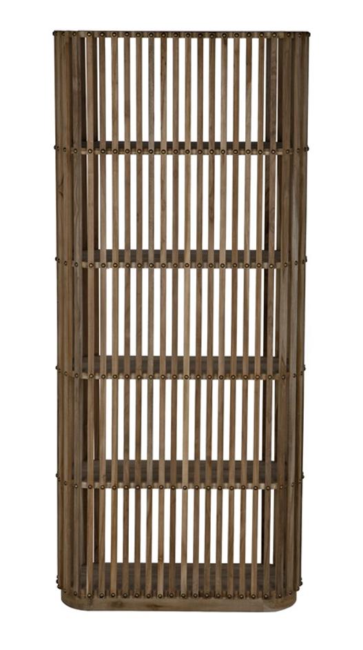 Opal Teak & Veneer Bookcase with Brass Nailhead Accents in Natural Finish by Noir Furniture