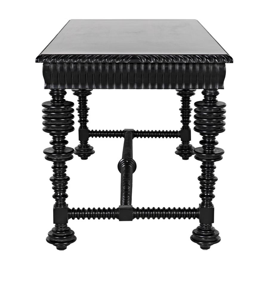 Portuguese Small Desk in Hand-Rubbed Black Mahogany with Brass Pulls by Noir Furniture