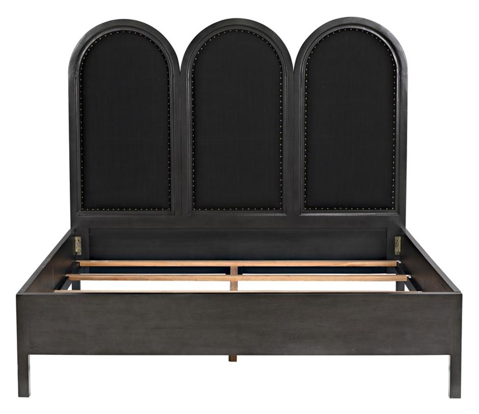 Arch Eastern King Bed in Pale Mahogany with Black Cotton Upholstery and Brass Nailhead Accents by Noir Furniture