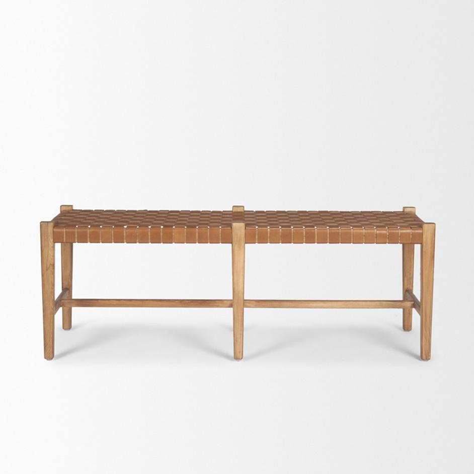 Shane Brown Wood w/ Woven Brown Leather Bench by Mercana
