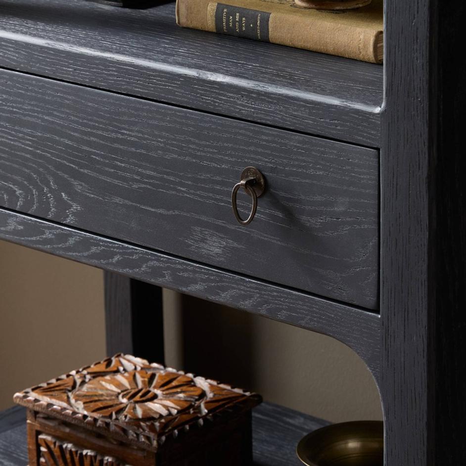 Avedon Bookcase In Aged Black Oak And Aged Black Oak Veneer And Brass Patina by Four Hands