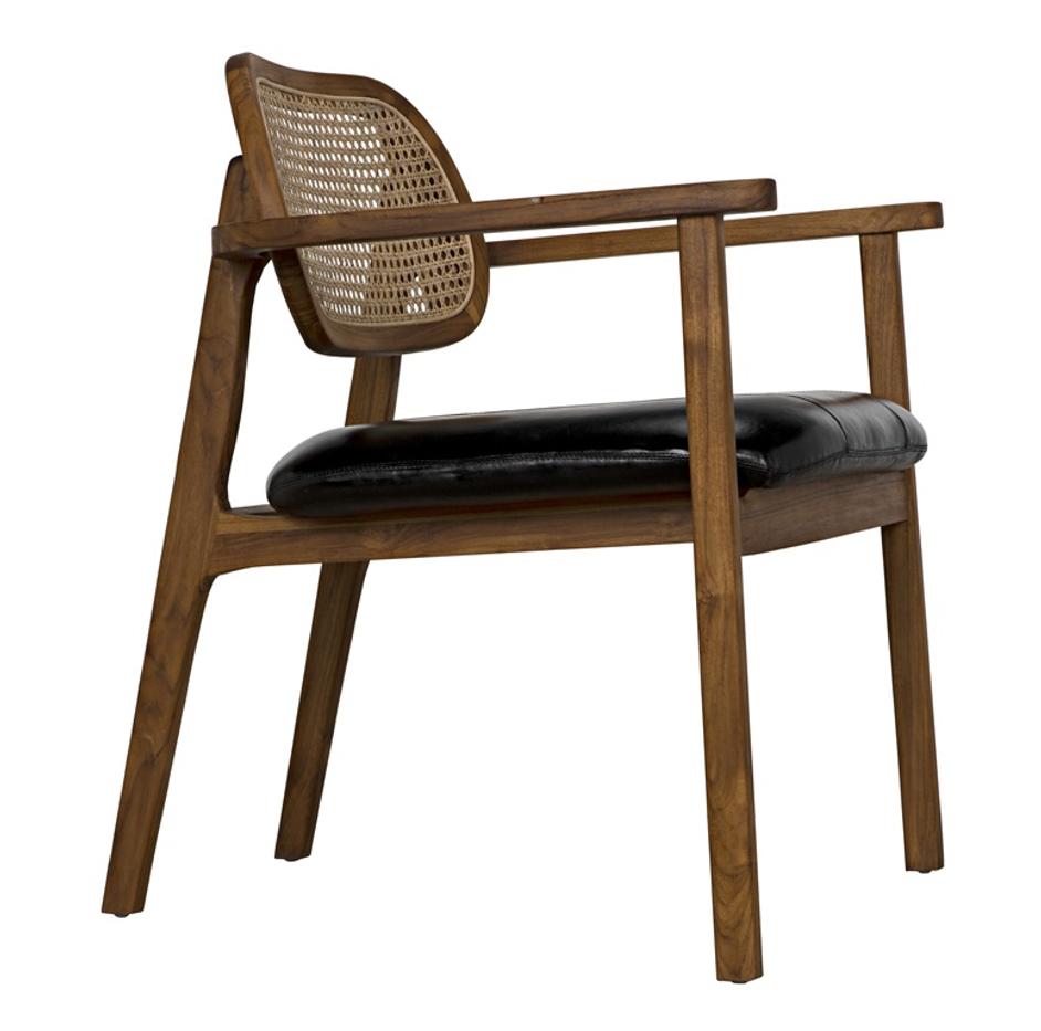 Tolka Teak Chair with Black Leather and Caning, Clear Coat Flat Finish by Noir Furniture