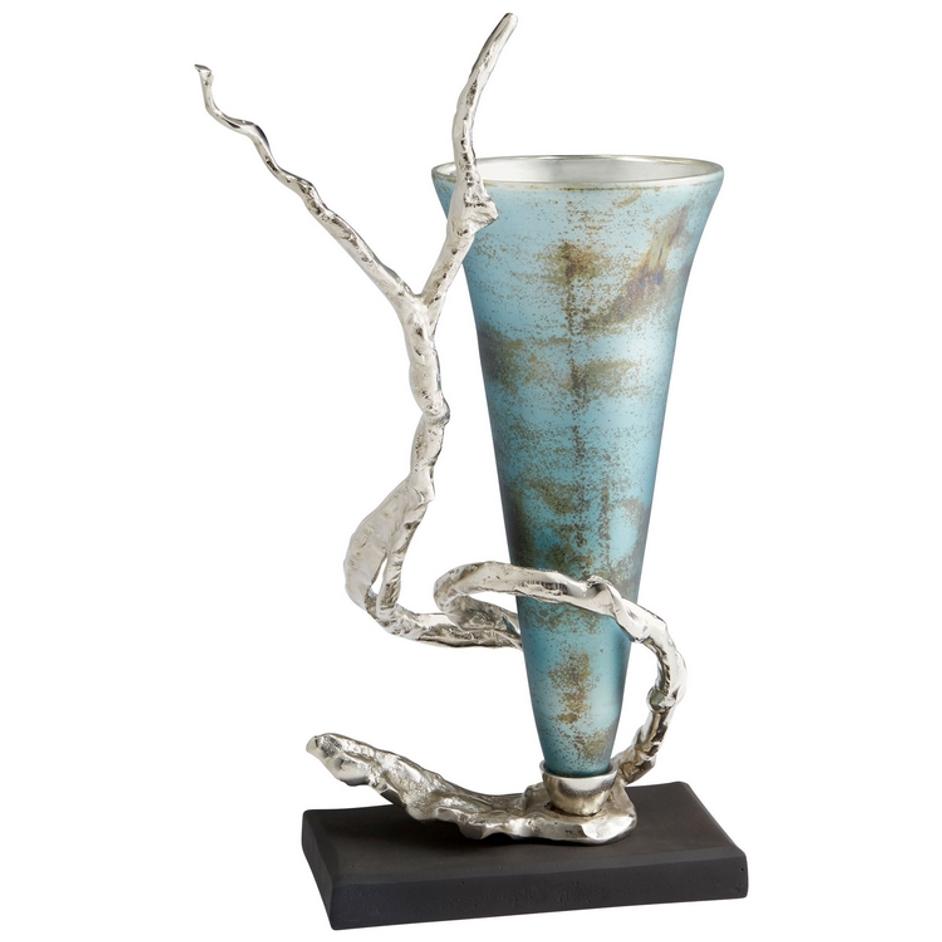 Gianni Vase In Nickel And Blue Mist Glass by Cyan Design