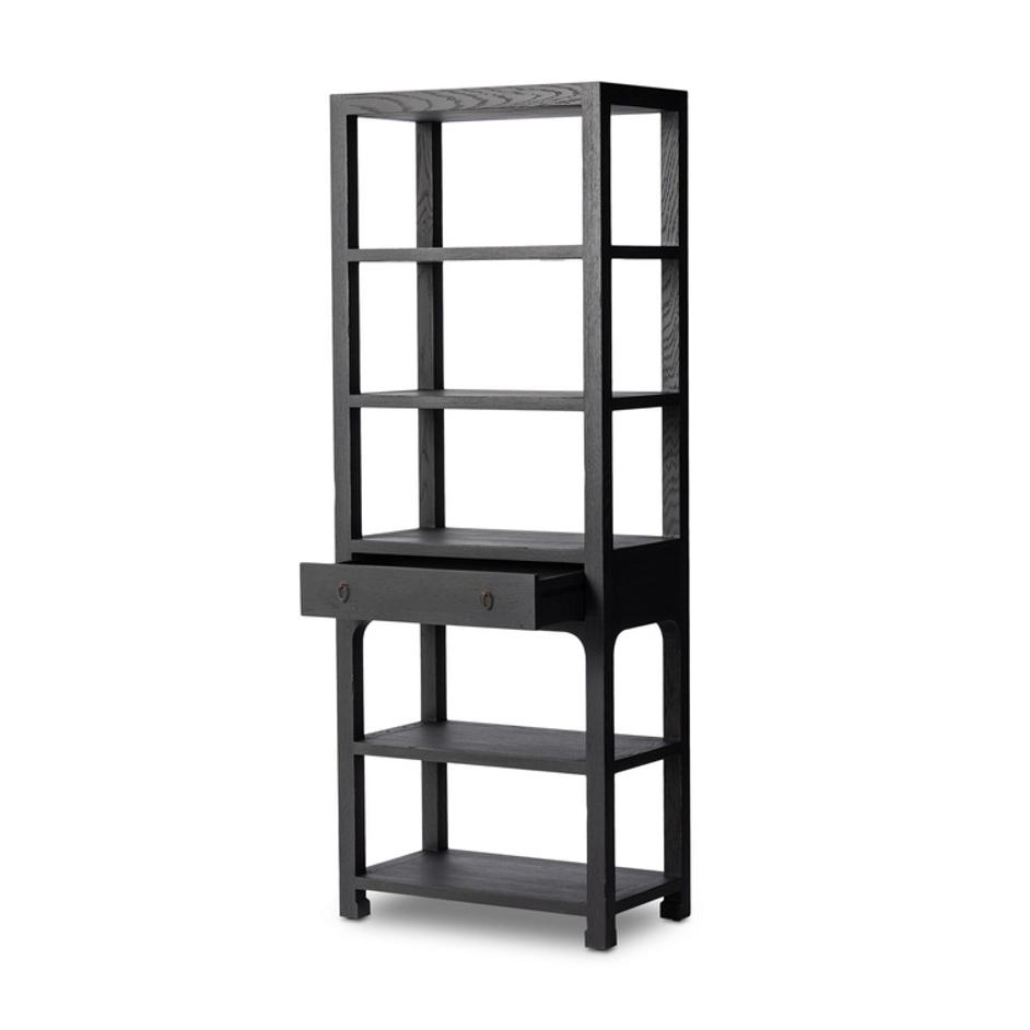 Avedon Bookcase In Aged Black Oak And Aged Black Oak Veneer And Brass Patina by Four Hands