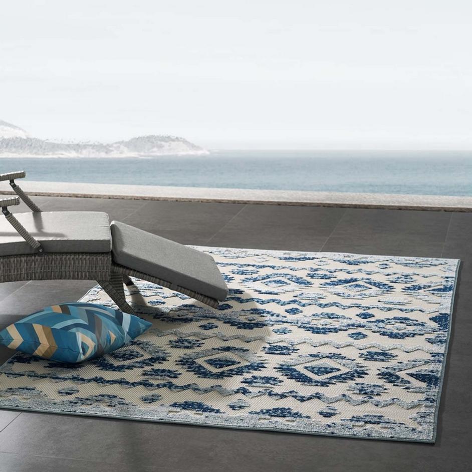 Burket Takara Abstract Diamond Moroccan Trellis 5X8 Indoor And Outdoor Area Rug In Ivory And Blue by Modway Furniture