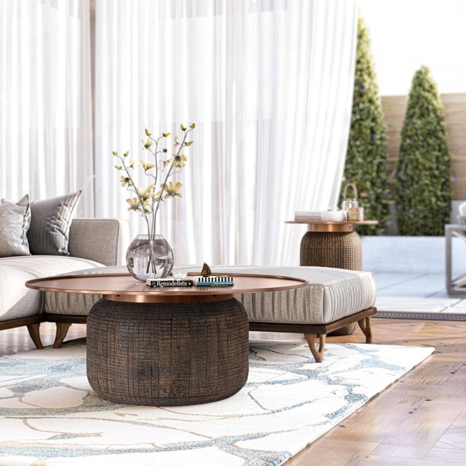 Atalia KD Reclaimed Teak Coffee Table w/ Steel Tray Top, Antique Copper  by New Pacific Direct