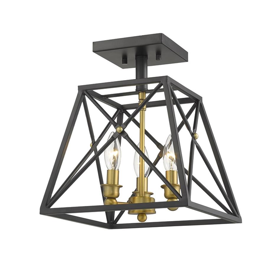 Trestle 3 Light Semi Flush Mount in Matte Black + Olde Brass Finish by Z-Lite