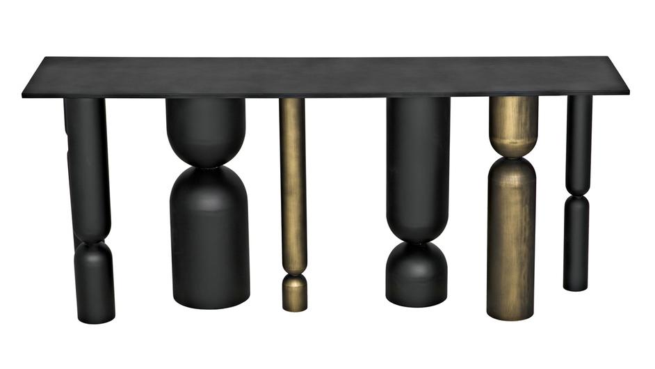 Figaro Console Table in Matte Black Industrial Steel with Aged Brass Accents by Noir Furniture