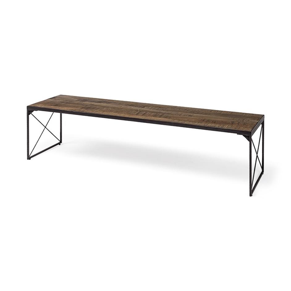 Trestman III 66L x 18W Brown Wood Top W/Black Iron Base Accent Bench by Mercana